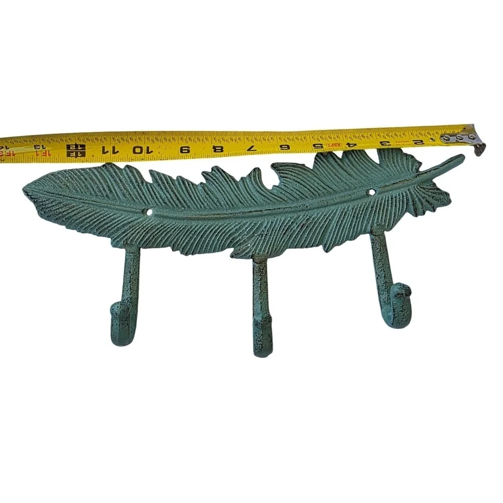 Vintage Cast Iron Feather Wall Hook Rack 3 Hooks Verdigris Green Rustic Decor K3